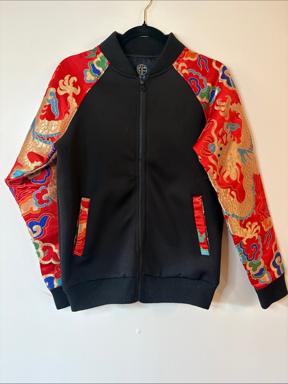 Women’s Black Jacket with Red Dragon-Print Sleeves Size S